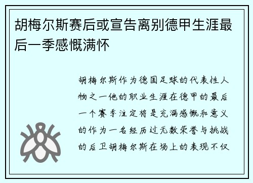 胡梅尔斯赛后或宣告离别德甲生涯最后一季感慨满怀