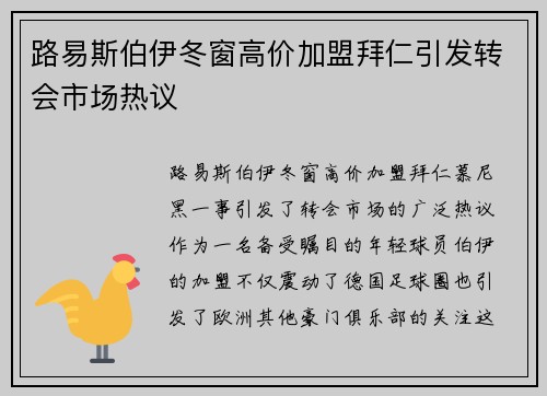 路易斯伯伊冬窗高价加盟拜仁引发转会市场热议